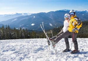 happy couple on ski vacation